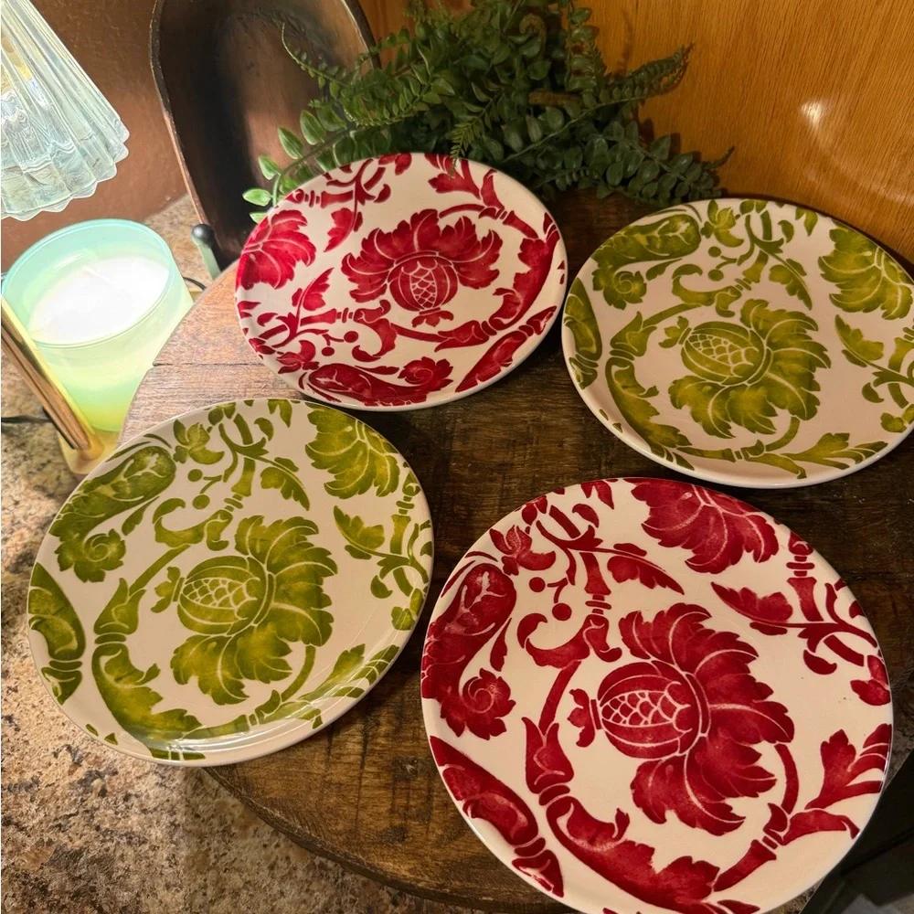 Pier 1 Imports Floral Earthenware Salad Plates Set of 4 Red Green White 7